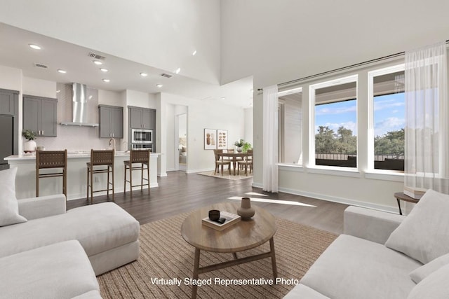 living room with a towering ceiling and dark hardwood / wood-style floors