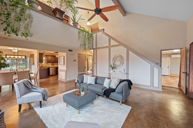 living room with concrete flooring, beam ceiling, high vaulted ceiling, and ceiling fan