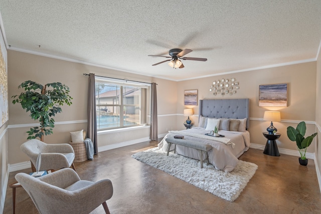 bedroom featuring a textured ceiling, a ceiling fan, baseboards, finished concrete flooring, and crown molding