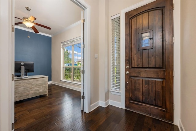 foyer with crown molding, baseboards, dark wood-type flooring, and ceiling fan