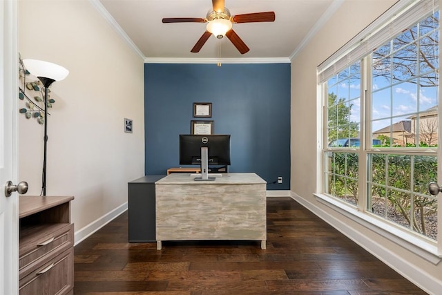 home office with dark hardwood / wood-style flooring, crown molding, ceiling fan, and a healthy amount of sunlight