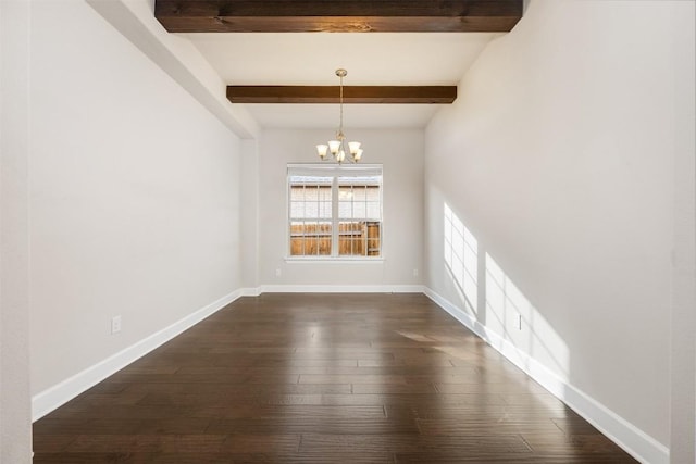 unfurnished dining area with dark wood finished floors, beamed ceiling, a notable chandelier, and baseboards