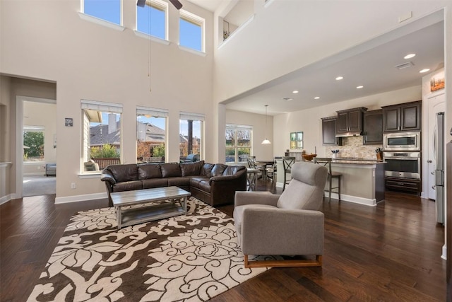 living room with dark hardwood / wood-style flooring and a high ceiling