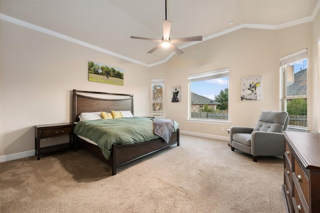 bedroom with light carpet, lofted ceiling, ceiling fan, and ornamental molding