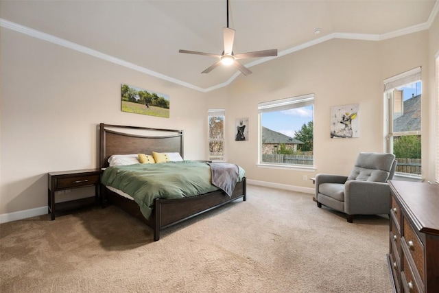 2715 Mariposa Way, Round Rock, TX 78665 - carpeted bedroom featuring crown molding, lofted ceiling, and a ceiling fan