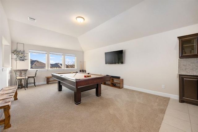 game room featuring visible vents, lofted ceiling, light colored carpet, and baseboards