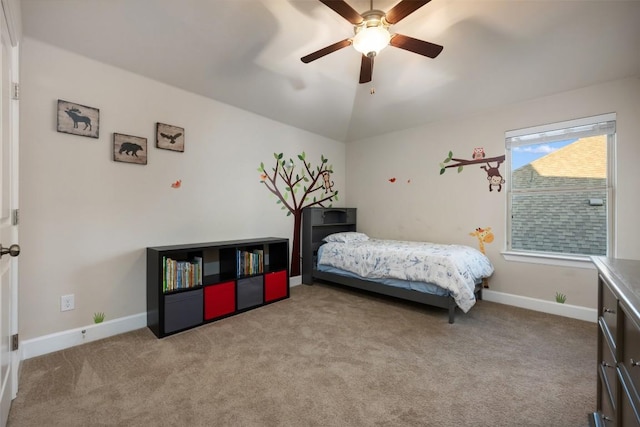 bedroom featuring light carpet, ceiling fan, and lofted ceiling