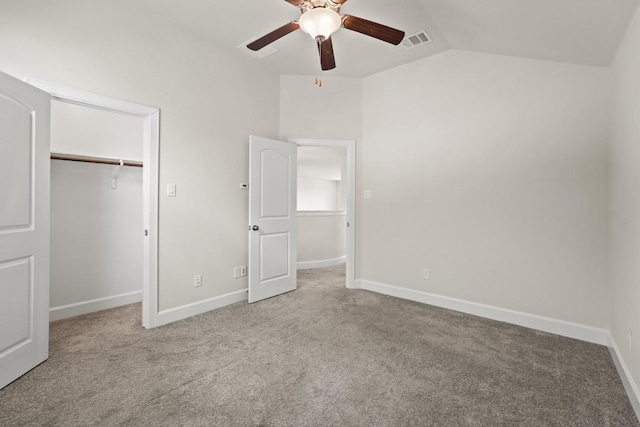 2715 Mariposa Way, Round Rock, TX 78665 - unfurnished bedroom featuring lofted ceiling, carpet floors, ceiling fan, a closet, and a spacious closet