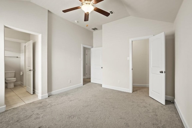 2715 Mariposa Way, Round Rock, TX 78665 - unfurnished bedroom featuring carpet, lofted ceiling, ensuite bath, and ceiling fan