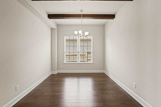 2715 Mariposa Way, Round Rock, TX 78665 - unfurnished dining area with a chandelier, beam ceiling, and dark wood-style flooring