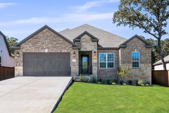 view of front of property with a front yard and a garage