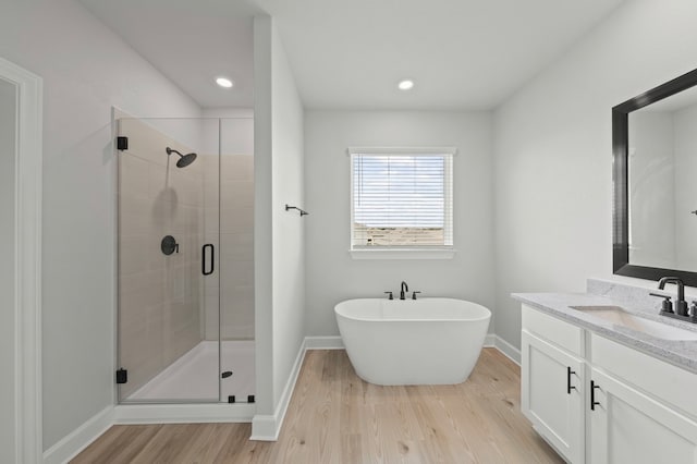 bathroom featuring vanity, wood-type flooring, and independent shower and bath