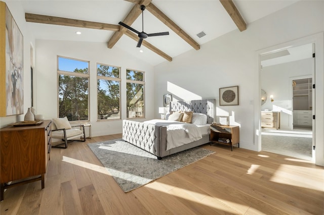 bedroom featuring beamed ceiling, ceiling fan, high vaulted ceiling, and light hardwood / wood-style flooring