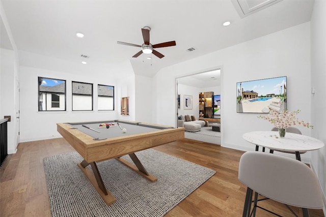 7501 Becasseau Dr, Austin, TX 78738 - playroom with light wood-type flooring, a ceiling fan, recessed lighting, billiards, and attic access