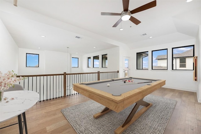 7501 Becasseau Dr, Austin, TX 78738 - rec room featuring ceiling fan, light wood-style floors, billiards table, and recessed lighting