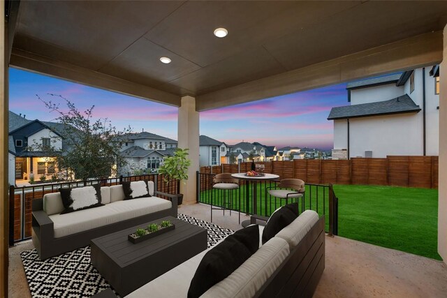 7501 Becasseau Dr, Austin, TX 78738 - fenced backyard with an outdoor living space with a fire pit, a patio, and a residential view