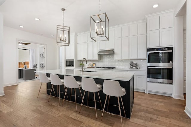 7501 Becasseau Dr, Austin, TX 78738 - kitchen with appliances with stainless steel finishes, tasteful backsplash, an island with sink, light wood finished floors, and light countertops