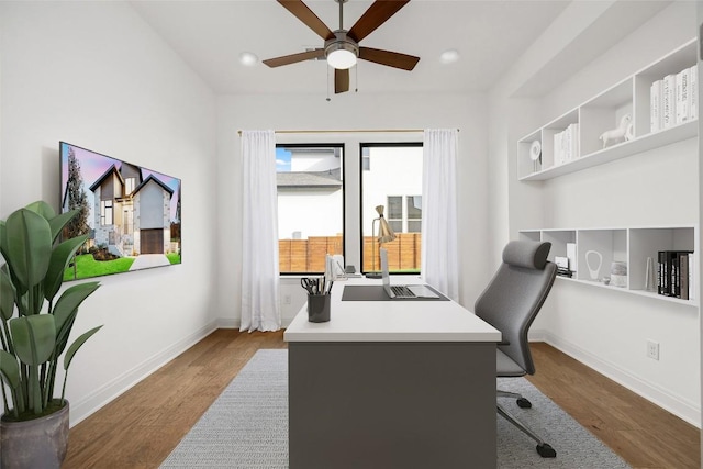7501 Becasseau Dr, Austin, TX 78738 - office area featuring ceiling fan, wood finished floors, and recessed lighting