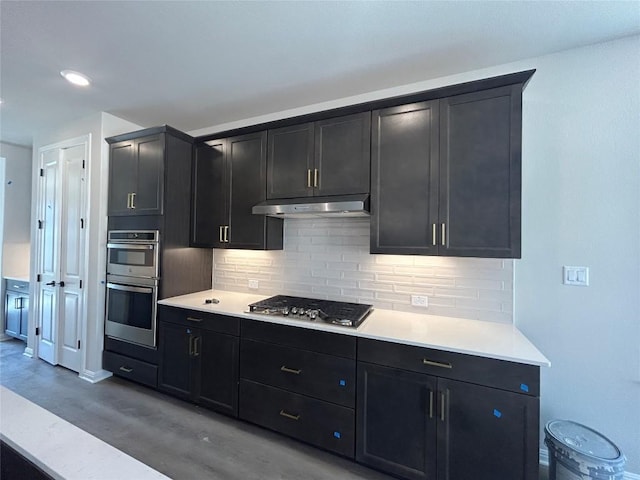 kitchen with stainless steel appliances, dark cabinetry, under cabinet range hood, and decorative backsplash