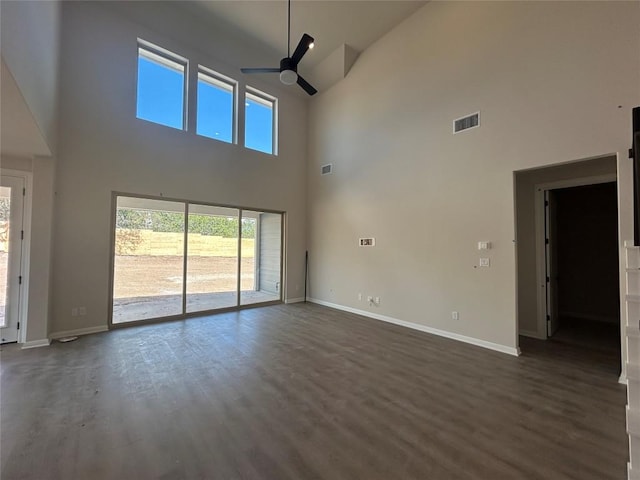 unfurnished living room featuring a ceiling fan, dark wood-style flooring, visible vents, and baseboards