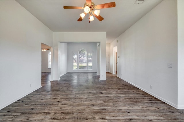 interior space featuring ceiling fan and dark wood-type flooring