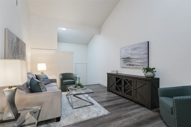 living room with dark wood-type flooring and high vaulted ceiling