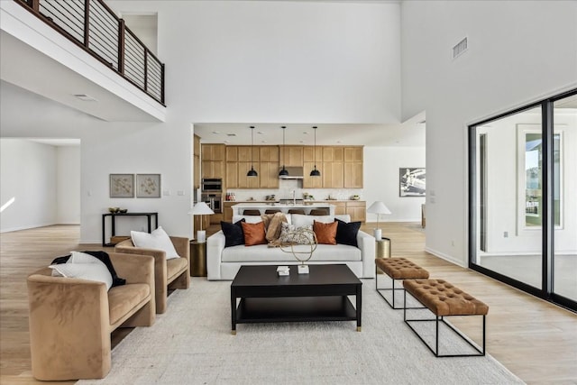 living room with a towering ceiling and light hardwood / wood-style flooring