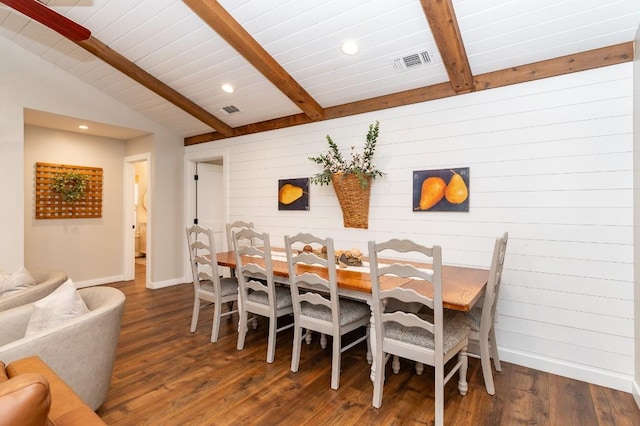 dining space with vaulted ceiling with beams, wood walls, and dark hardwood / wood-style floors