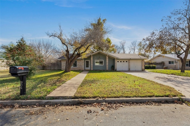 ranch-style home featuring a front yard and a garage