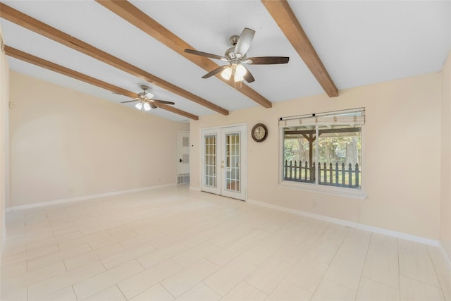 empty room with ceiling fan, beam ceiling, and french doors