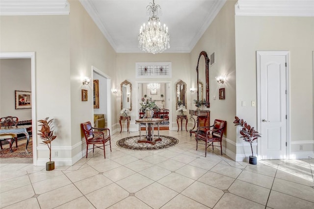 13628 Gregg Manor Rd, Manor, TX 78653 - foyer entrance featuring a chandelier, ornamental molding, light tile patterned floors, and baseboards