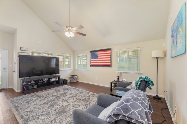 living room with high vaulted ceiling, dark hardwood / wood-style floors, and ceiling fan