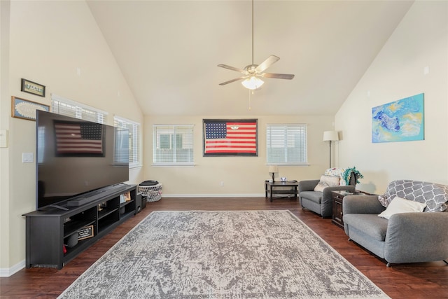 living room featuring ceiling fan, dark hardwood / wood-style flooring, and lofted ceiling