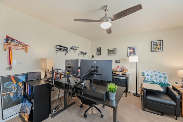 office area with ceiling fan and light colored carpet