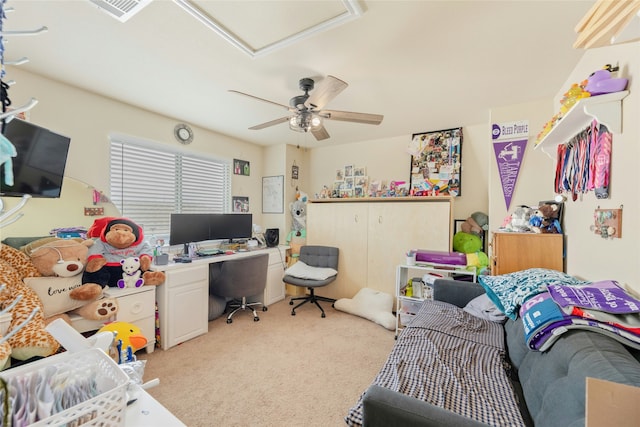 carpeted bedroom with ceiling fan