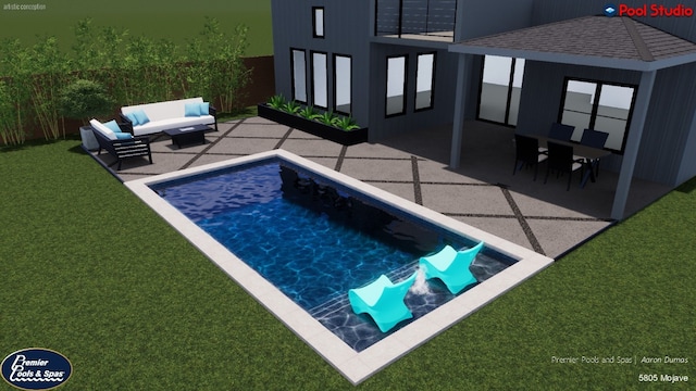 view of pool with an outdoor living space, a patio area, and a lawn