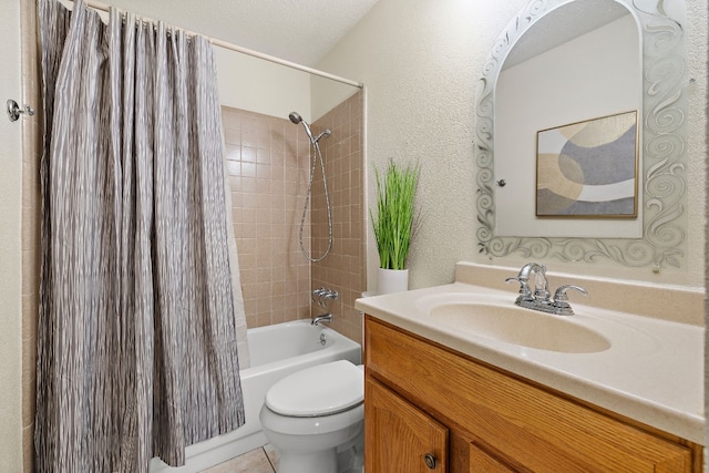 full bathroom featuring a textured ceiling, vanity, toilet, and shower / bath combo with shower curtain