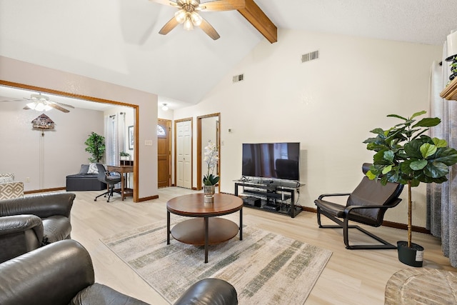 living room featuring lofted ceiling with beams, light hardwood / wood-style floors, and a textured ceiling