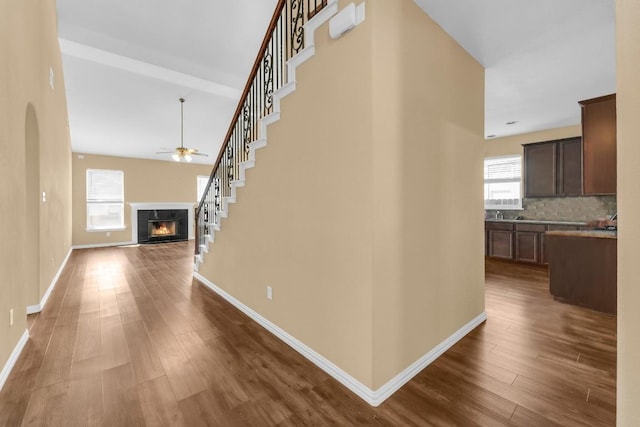 interior space with ceiling fan and dark wood-type flooring