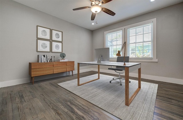 office area with ceiling fan and dark hardwood / wood-style flooring