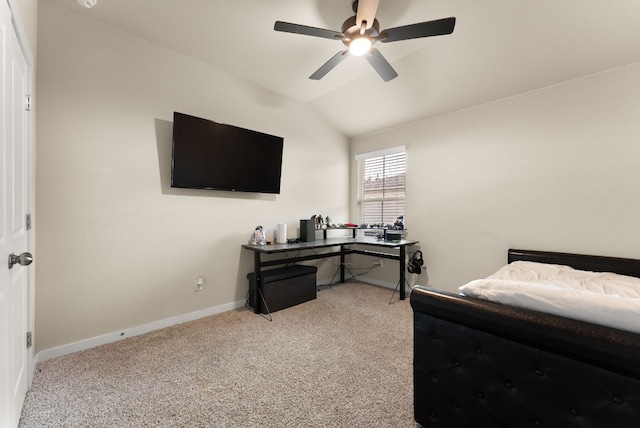 bedroom with carpet flooring, ceiling fan, and lofted ceiling