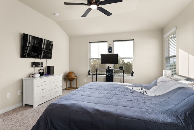 carpeted bedroom featuring ceiling fan and lofted ceiling