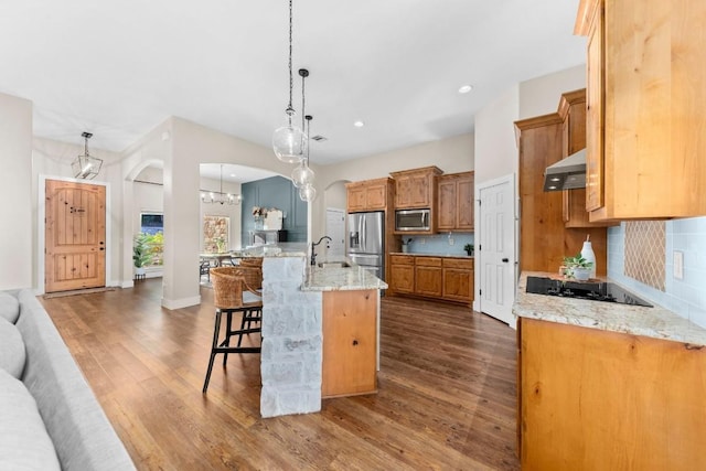 kitchen with ventilation hood, an island with sink, appliances with stainless steel finishes, and tasteful backsplash