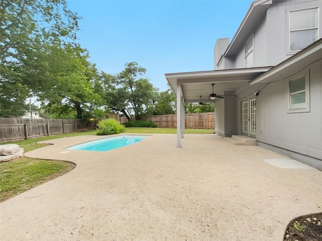 3424 Clarksburg Dr, Austin, TX 78745 - view of pool featuring ceiling fan, a patio area, a fenced backyard, and french doors