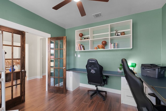 office featuring ceiling fan, french doors, and dark wood-type flooring