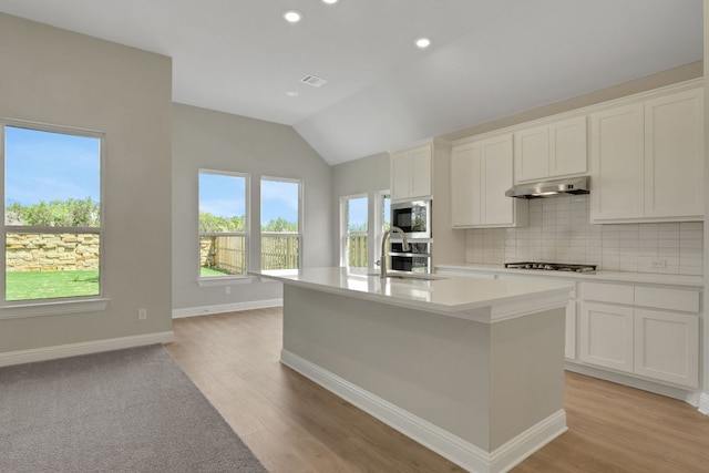 kitchen featuring an island with sink, vaulted ceiling, under cabinet range hood, appliances with stainless steel finishes, and decorative backsplash