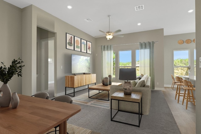 212 Millbend Rd, Georgetown, TX 78633 - living room featuring plenty of natural light, recessed lighting, ceiling fan, and light wood-type flooring