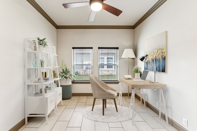 home office featuring ceiling fan and ornamental molding