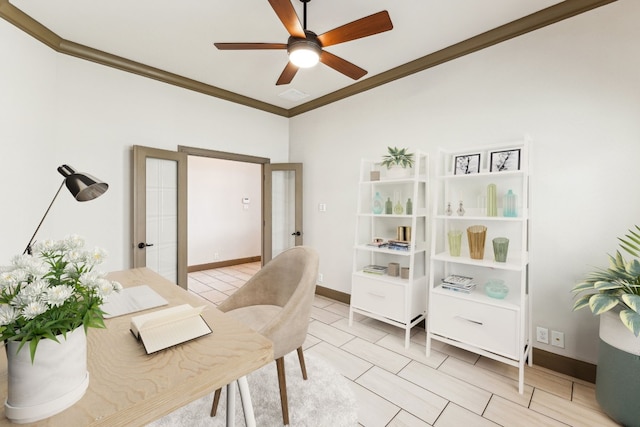 tiled office featuring ceiling fan, ornamental molding, and french doors