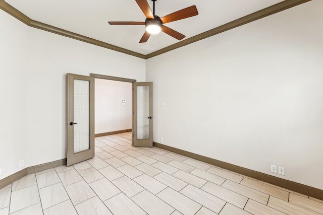 unfurnished room featuring ceiling fan, crown molding, and french doors